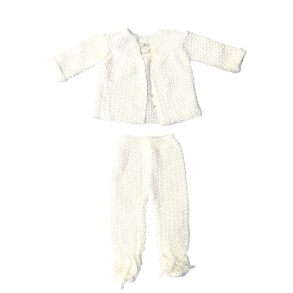 Vtg Italy Knit New Born Baby Layette Ribbon Sweater Pants White Wedding Baptism - Picture 15 of 15
